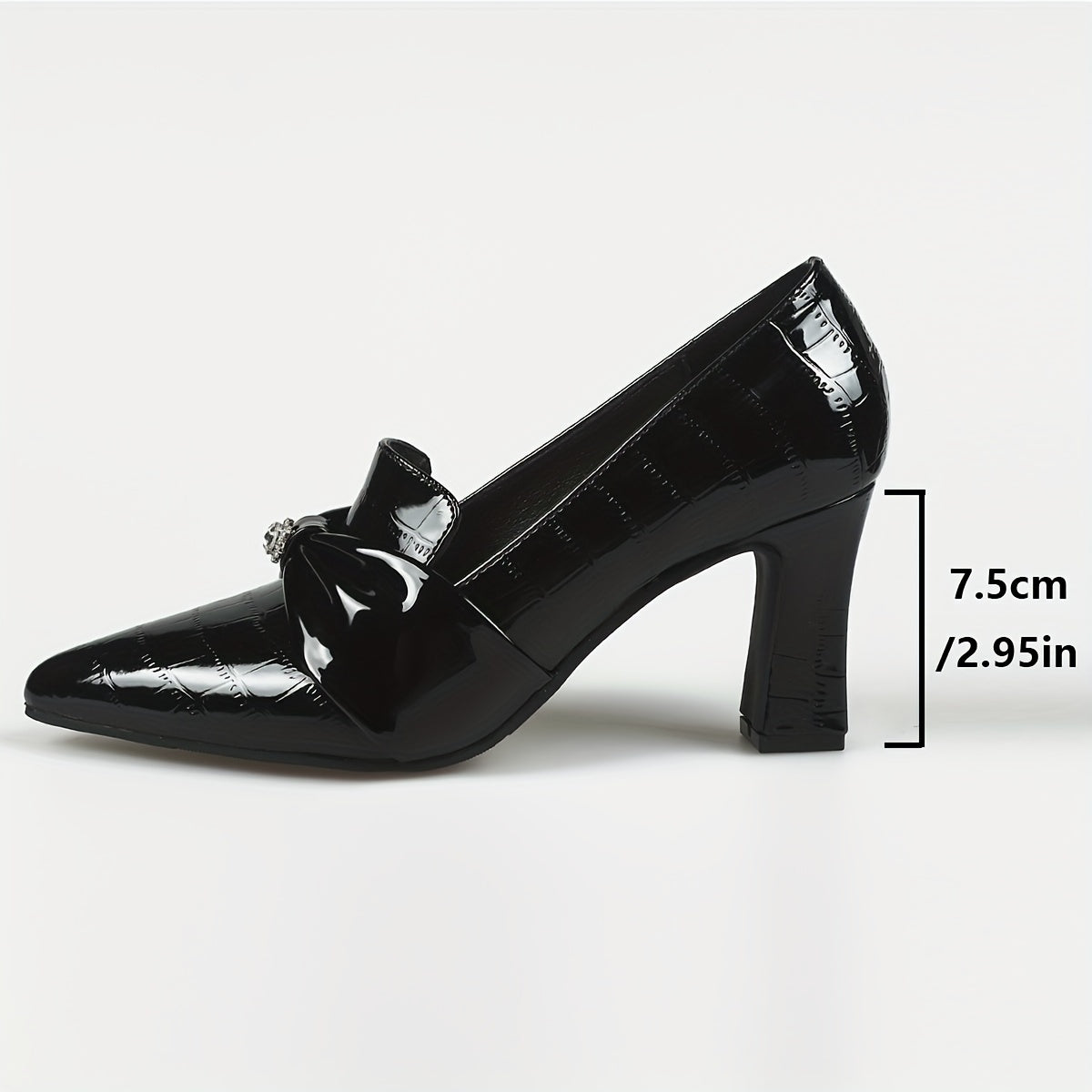 Women's Rhinestone Bowknot Slip On Point Toe Chunky Heel Shoes