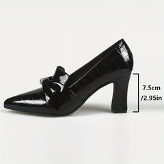 Women's Rhinestone Bowknot Slip On Point Toe Chunky Heel Shoes