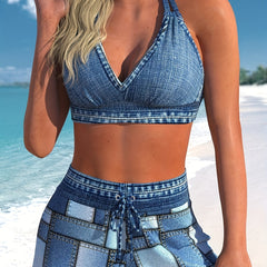 Denim Print Bikini Set Halter Bra & Tie Front Shorts Swimsuit