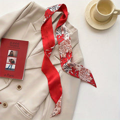 Red Floral Print Skinny Scarf Silk Block Ribbon Necktie Neckerchief