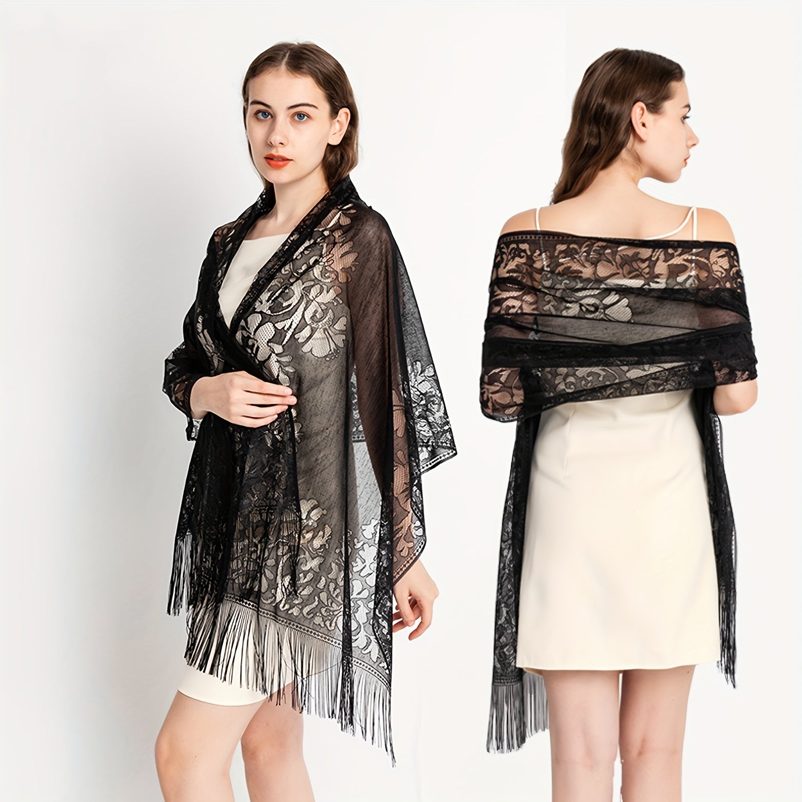 Flower Hollow Out Tassel Shawl Casual Solid Wrap Long Cape