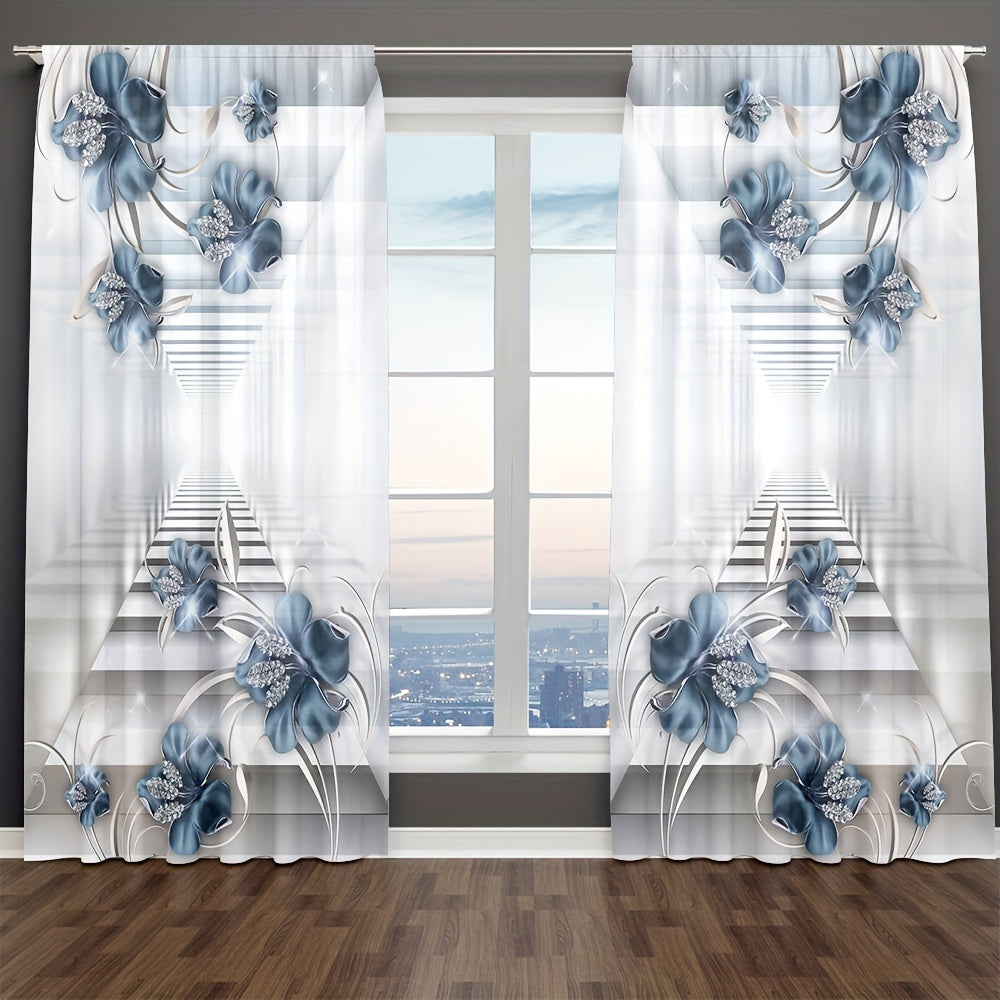 2pcs Flower Rod Pocket Printed Curtain for Home Decoration