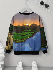 Pixel Landscape Print Kid's Sweatshirt Pullover Long Sleeve Top