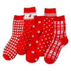 5 Pairs Floral Dot & Plaid Print Socks Christmas Women's Stockings