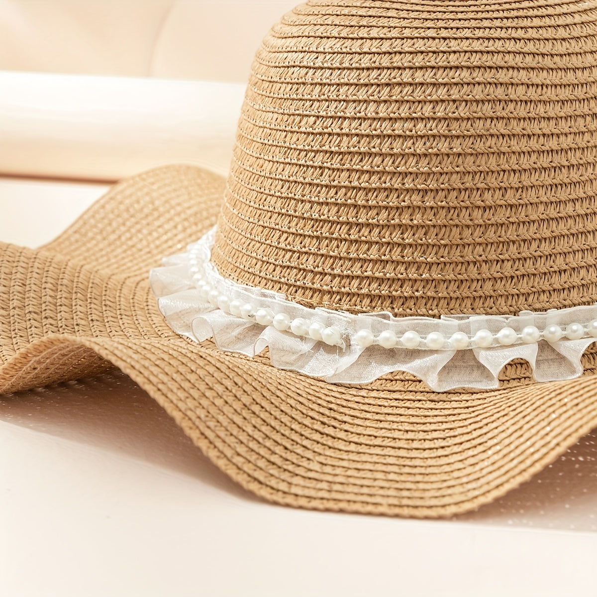 Khaki Sun Hat with Faux Pearl Decor for Women