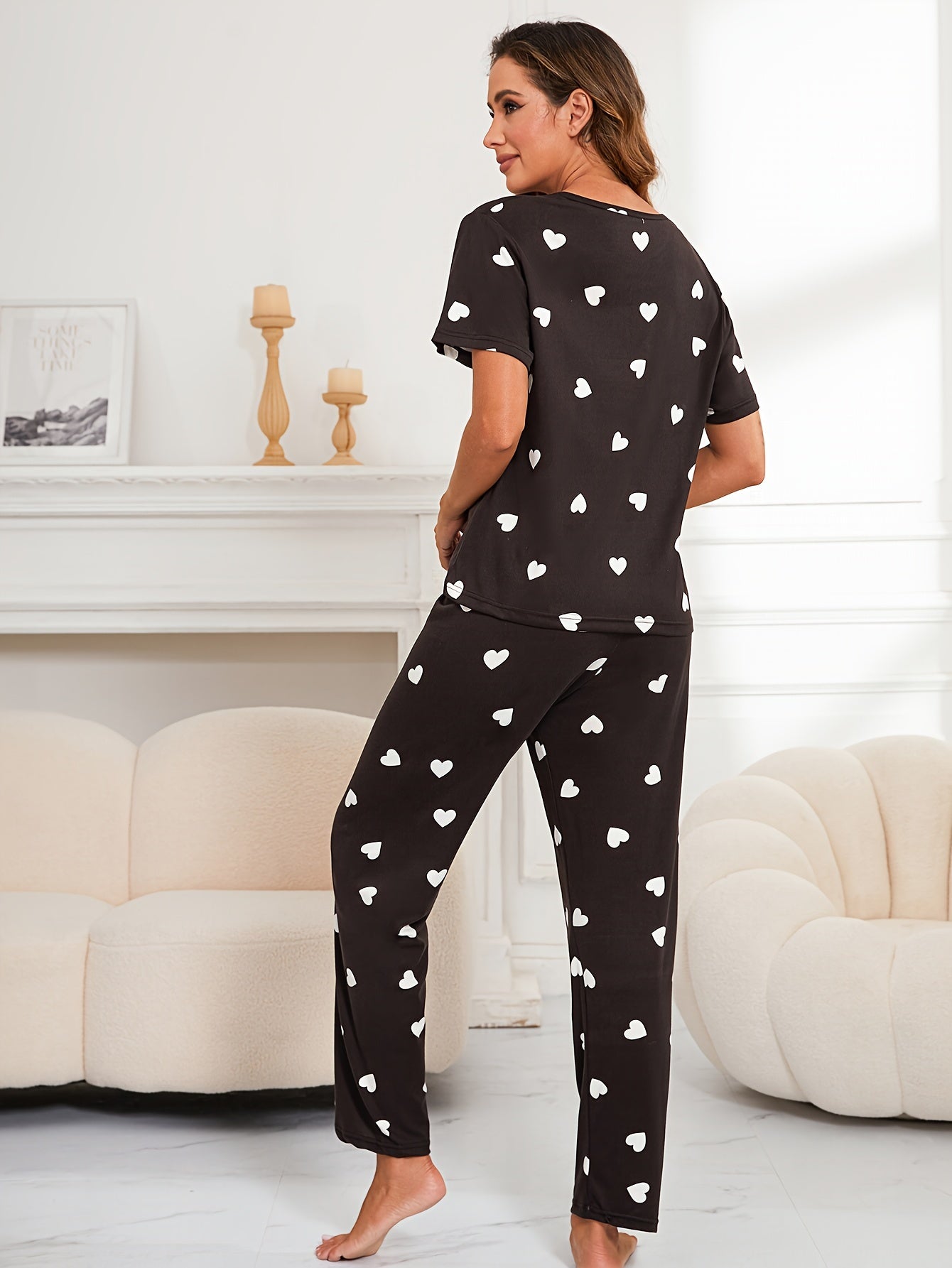 Heart Print Pajama Set Short Sleeve Crew Neck Top & Elastic Waistband Pants