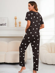 Heart Print Pajama Set Short Sleeve Crew Neck Top & Elastic Waistband Pants
