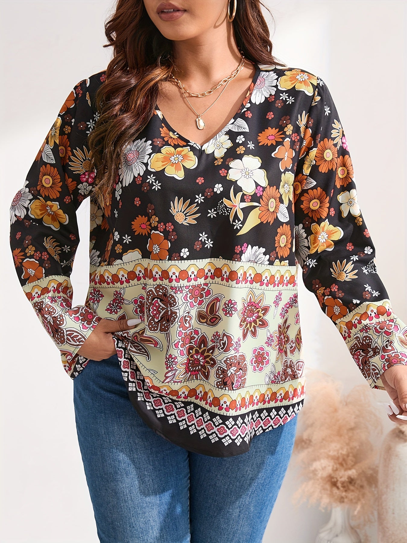 Boho Blouse Patchwork Print Long Sleeve V Neck Shirt Top