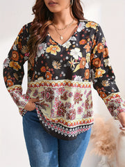 Boho Blouse Patchwork Print Long Sleeve V Neck Shirt Top