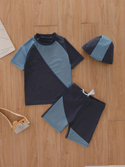 3pcs Boys Block Swimsuit Set with Swimming Cap