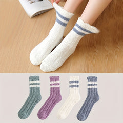 4 Pairs Stripe Fuzzy Socks Women's Mid Tube Stockings