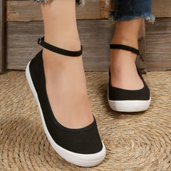 Women's Black Canvas Casual Buckle Strap Flat Shoes