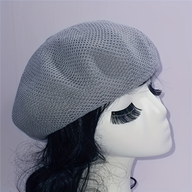 Casual Crochet Beret Solid Mesh Breathable Beanie Octagonal Hat Vintage