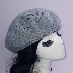 Casual Crochet Beret Solid Mesh Breathable Beanie Octagonal Hat Vintage