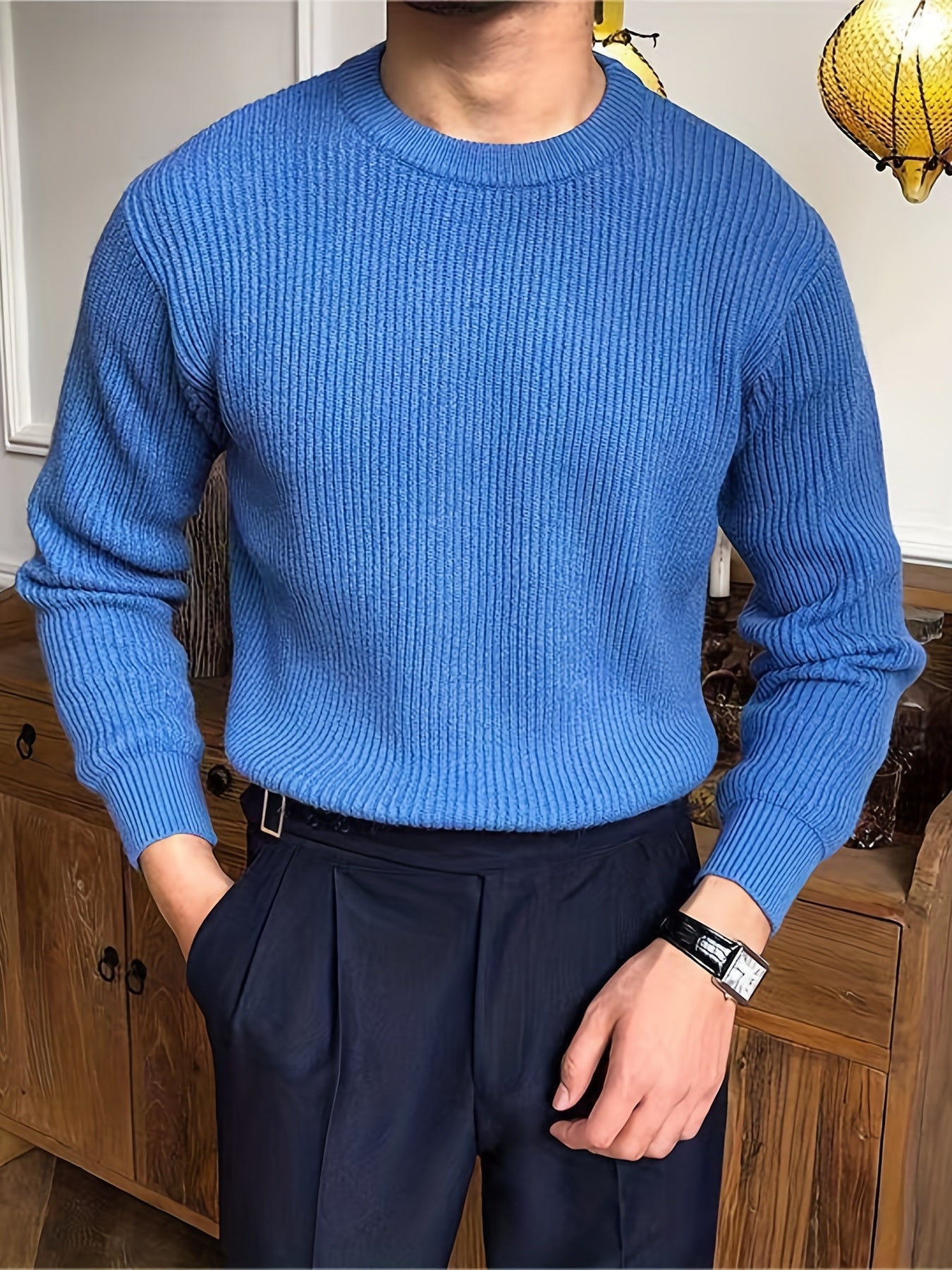 Men's Casual Solid Knitted Sweater Round Neck Pullover For Fall Winter