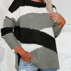 Casual Colorblock Plus Size Sweater Round Neck Jumper