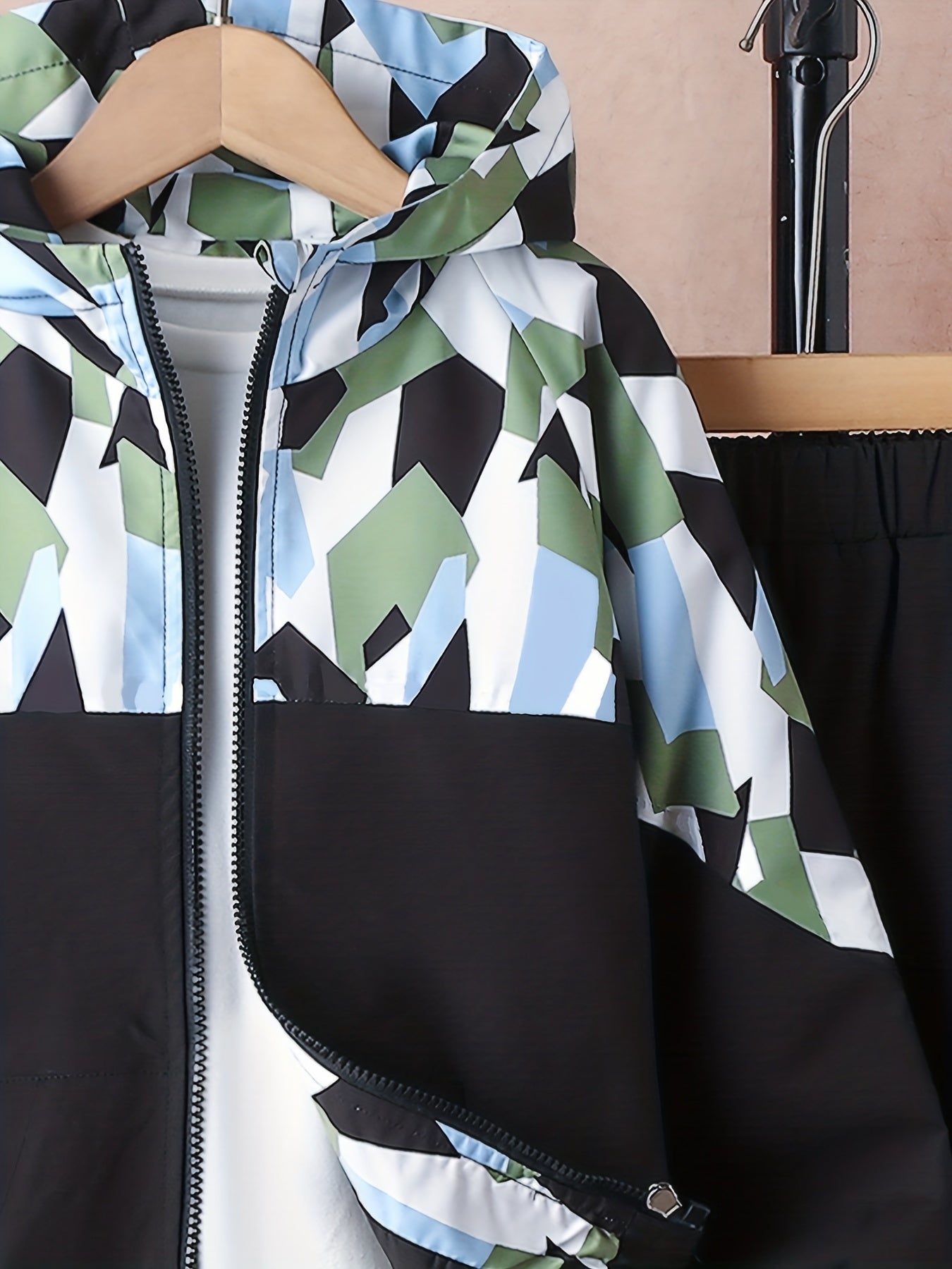 Boy's Geometric Pattern Jacket & Sweatpants Set for Spring Fall