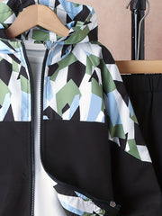 Boy's Geometric Pattern Jacket & Sweatpants Set for Spring Fall