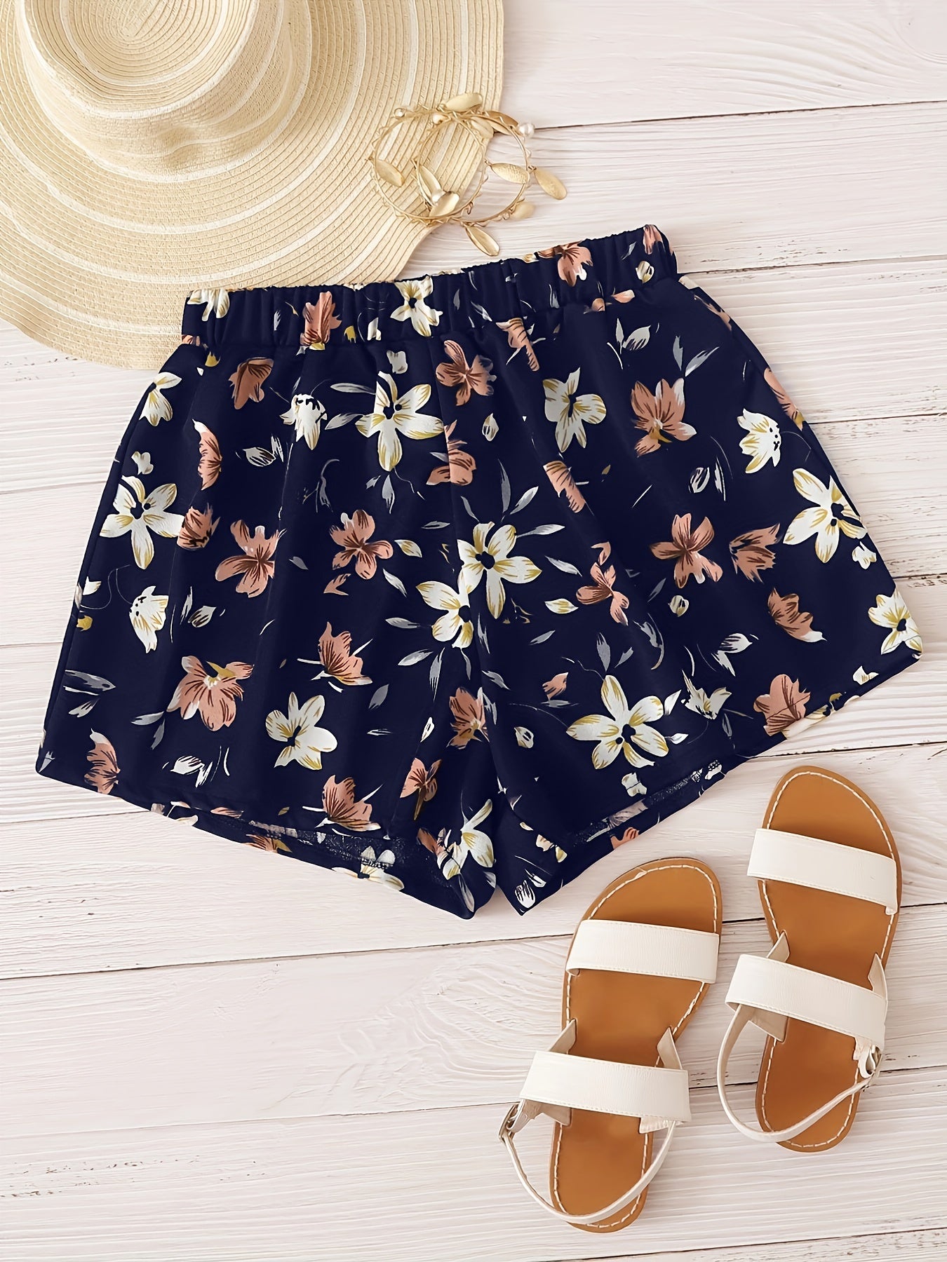 Floral Print Elastic Waist Shorts Boho Shorts For Spring & Summer Women's