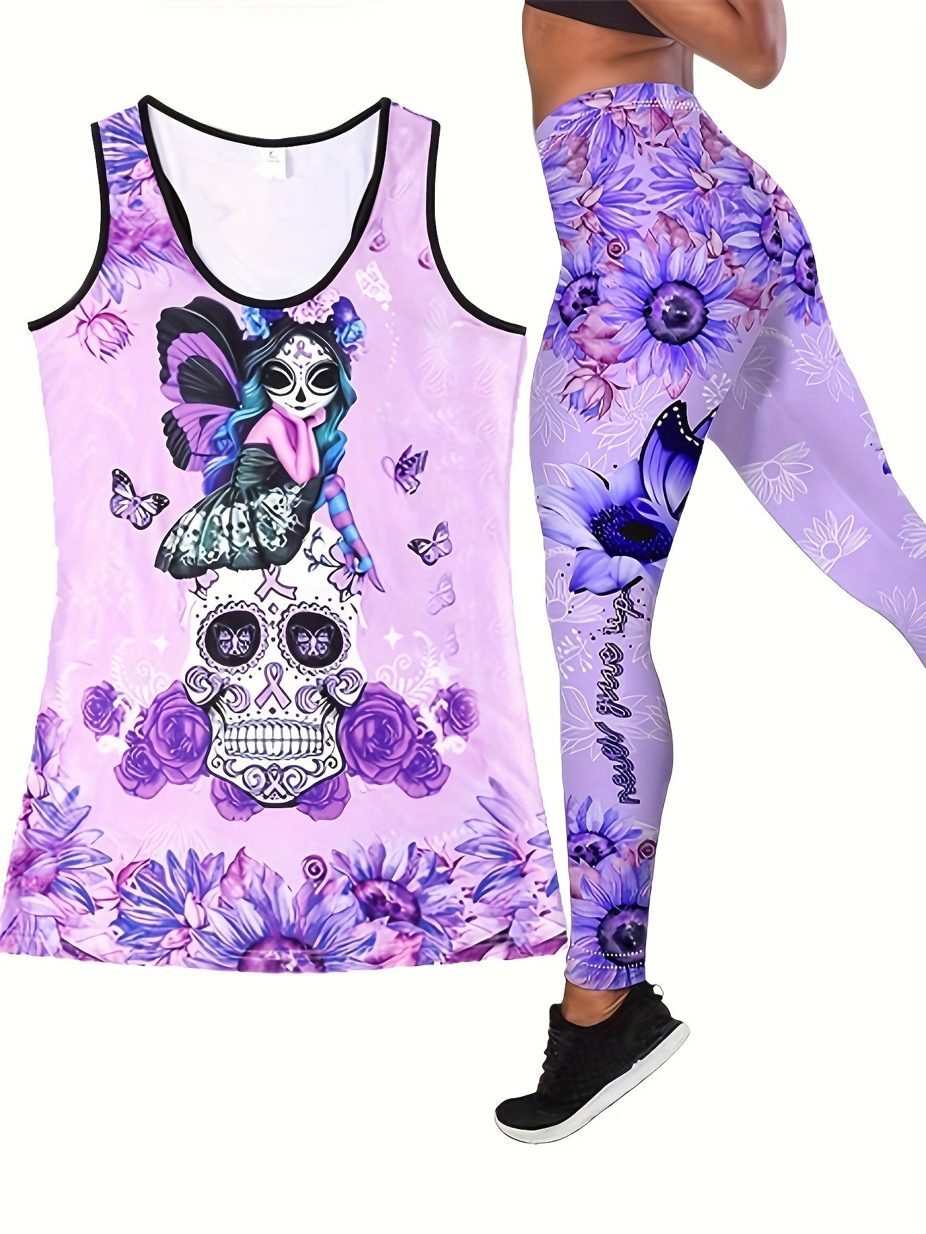 Floral & Skull Print Two piece Set Tank Top & Skinny Pants