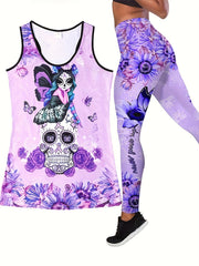 Floral & Skull Print Two piece Set Tank Top & Skinny Pants