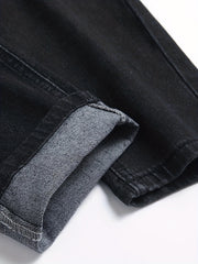 Slim Fit Ripped Cotton Jeans Men s Casual Street Style Solid Distressed Mid