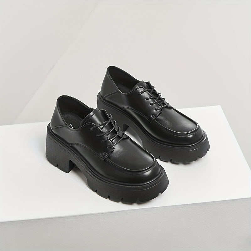 Chunky Heel Oxford Shoes Lace Up Comfortable Closed Toe Solid Shoes