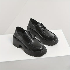 Chunky Heel Oxford Shoes Lace Up Comfortable Closed Toe Solid Shoes