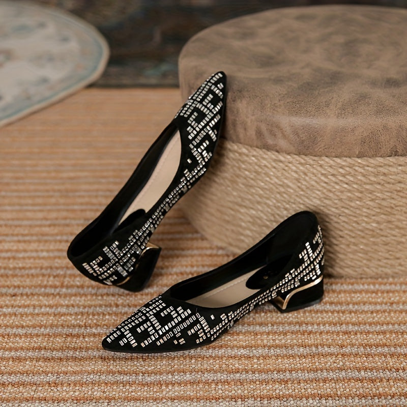 Women's Rhinestone Pointed Toe Slip On Shoes Low Heel Dress Shoes