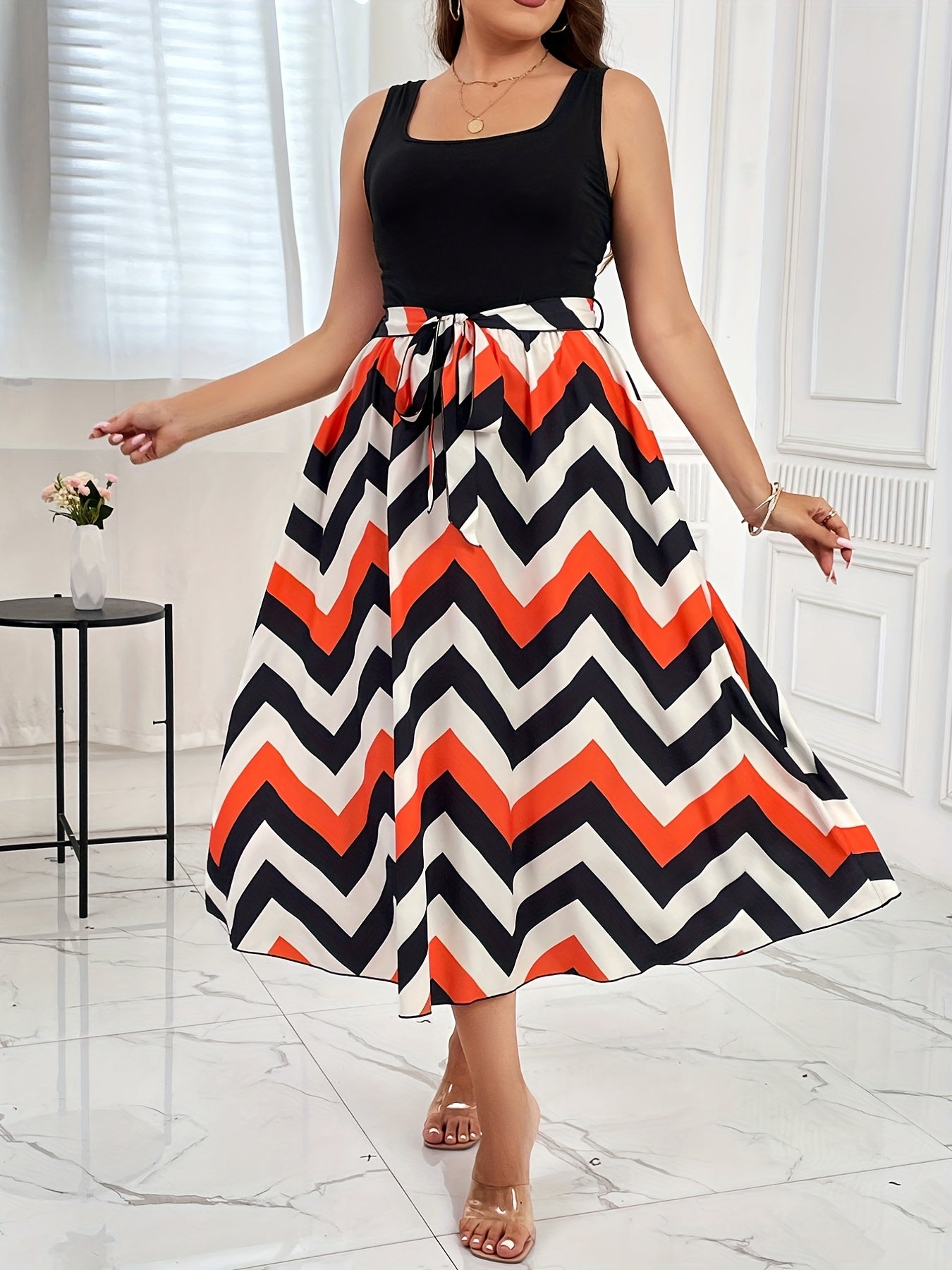 Colorblock Stripe Print Scoop Neck Tank Dress With Belt