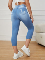 Ripped Holes Skinny Jeans Slim Fit Slash Pockets Slight Stretch