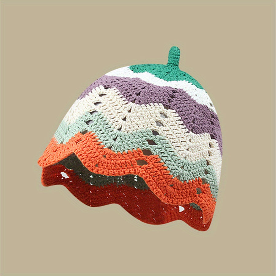 Striped Beanie Y2K Hollow Crochet Cloche Hat Lightweight Knit Skull Cap