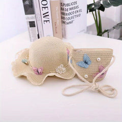 2pcs Girls Lace Trim Straw Hat Sun Hat & Zipper Straw Bag Set for Spring Summer