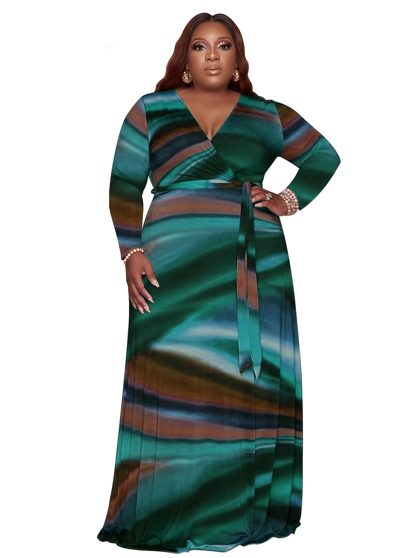 Tie Dye Maxi Dress With Belt Women's Plus Casual Long Sleeve Dress
