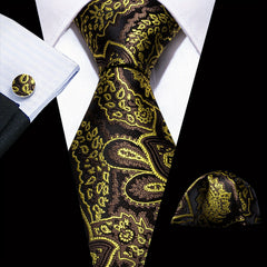 Barry Wang Men's Tie Paisley Set Dark Jacquard Pocket Square Cufflinks