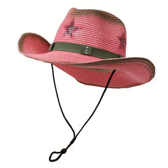 Y2K Pink Star Cowboy Hat Distressed Straw Sunshade Travel Beach Hats