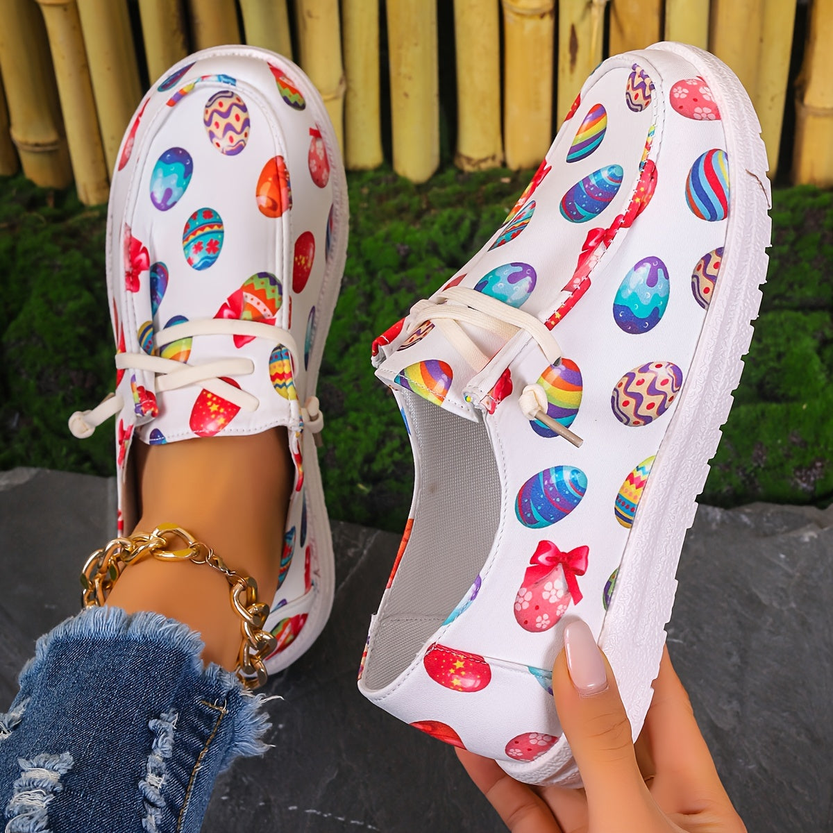 Women's Easter Eggs Print Canvas Slip On Casual Walking Shoes