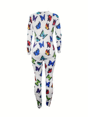 Butterfly Print Lounge Jumpsuit V Neck Long Sleeve Buttons Jumpsuit