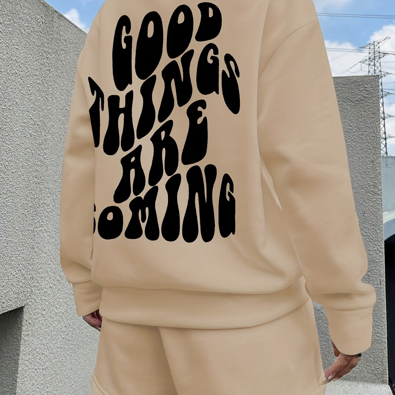Letter Print Pullover Sweater & Solid Shorts Set