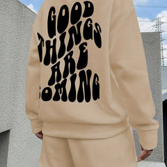 Letter Print Pullover Sweater & Solid Shorts Set