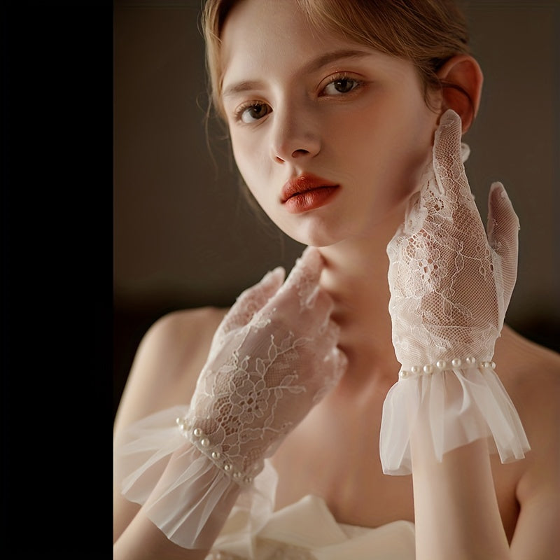 Lace Floral Short Gloves with Faux Pearl Inlay for Women