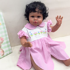 Dark Brown Skin NPK Reborn Doll Soft Touch Princess Girl in Pink Striped Dre