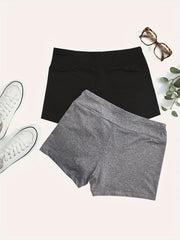 2 Pack Plus Size Sports Shorts Set Women's Plus Solid Medium Stretch Biker