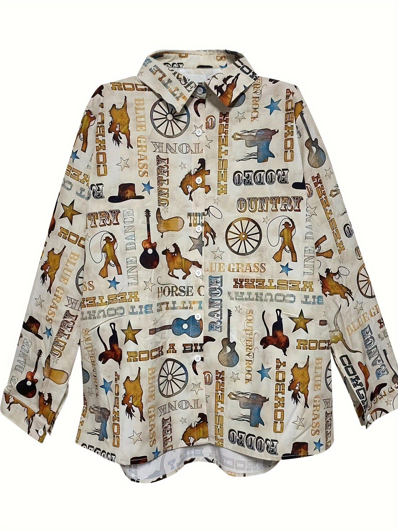 Casual Blouse Women's Plus Graphic Print Button Up Long Sleeve