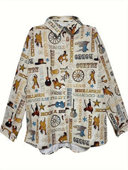 Casual Blouse Women's Plus Graphic Print Button Up Long Sleeve