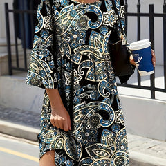Boho Paisley Print Three Quarter Sleeve Loose Fit Dress