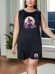 Halloween Lounge Set Women's Witch Hat Cat Print Pajama Two Piece