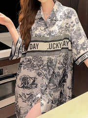 Landscape Print Short Sleeve Button Top