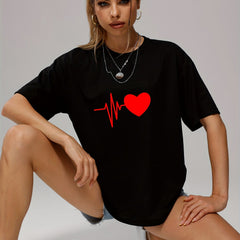Solid Heart Casual T Shirt Crew Neck Short Sleeve Sports Top Women's Clothing