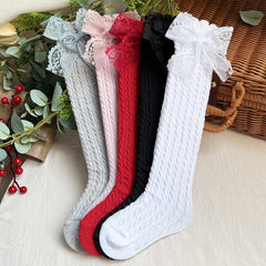 5 Pairs Girls Lace Bow Knit High Socks for Autumn/Spring